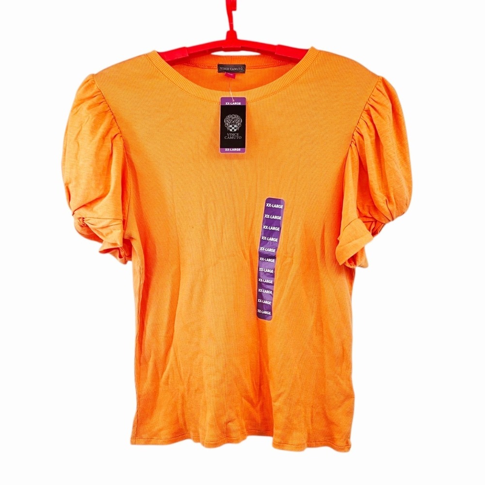NWT Vince Camuto Ribbed Puffy Short Sleeve Shirt Blouse Orange Fizz Women's XXL